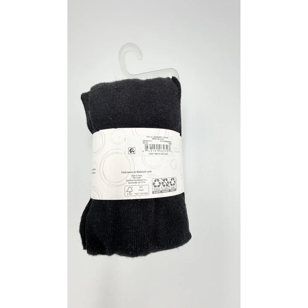 WonderNation Girls Heavyweight Footed Tights 2Pack Black Leopard Grey‎ S 4-6 NWT